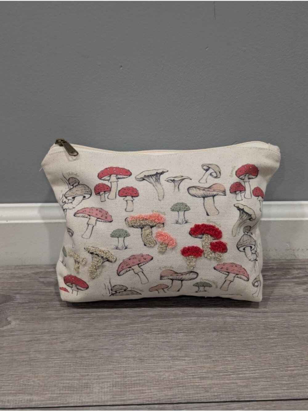 Canvas Cosmetic Makeup Bag Vintage Botanical Mushroom Print Embroidered Detail